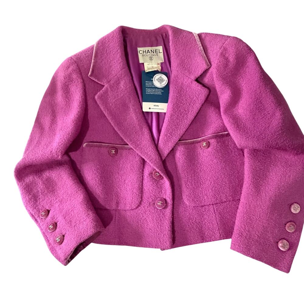 CHANEL Boutique 1996 Spring 96P Orchid Purple Velvet Tweed Jacket FR 38 US 6